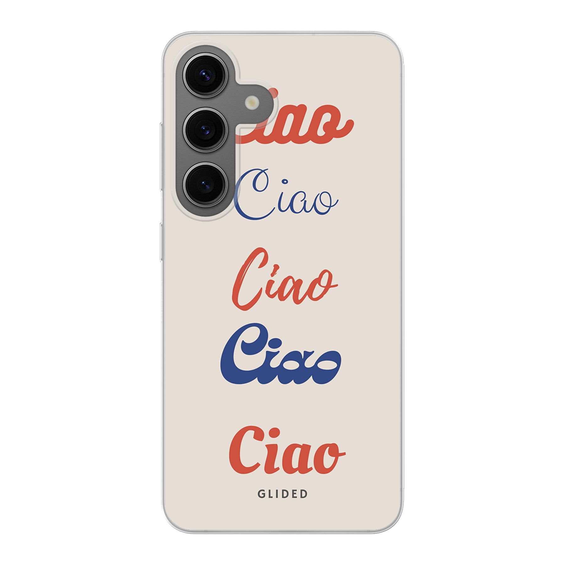 Ciao Samsung Galaxy S24 Handyhülle mit buntem Design und dem Wort 'Ciao' in verschiedenen Schriftarten.